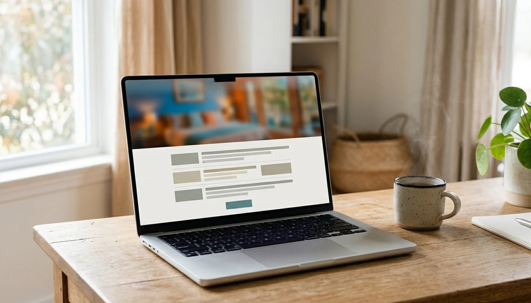 Laptop displaying an abstract direct-booking website layout, illustrating airbnb host marketing software for direct bookings