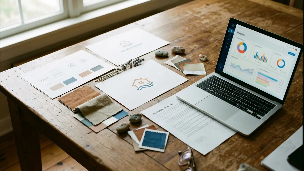 vacation rental brand building materials laid out on a desk