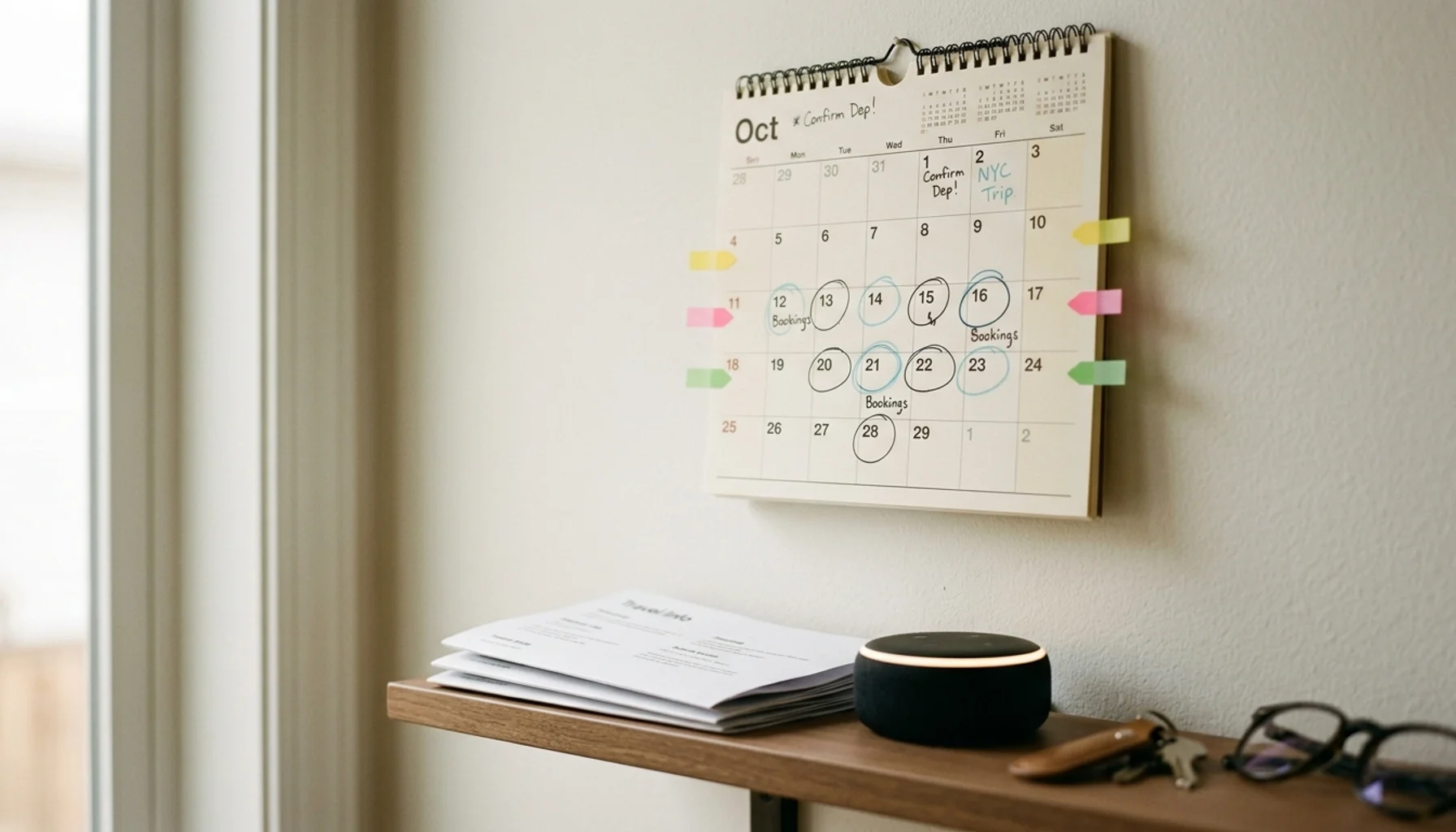 Wall calendar with marked booking dates and printed content pages beside a smart home hub — auto SEO platform for vacation rentals