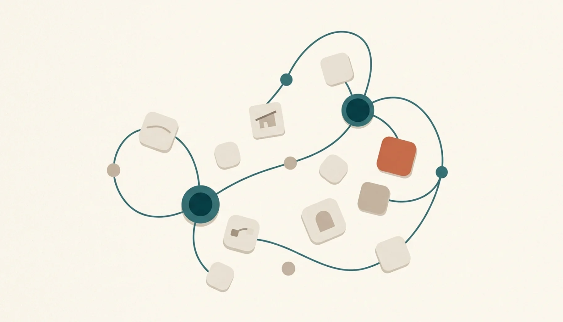Abstract illustration of connected calendar tiles and a house roofline symbolizing automated blogging for vacation rentals