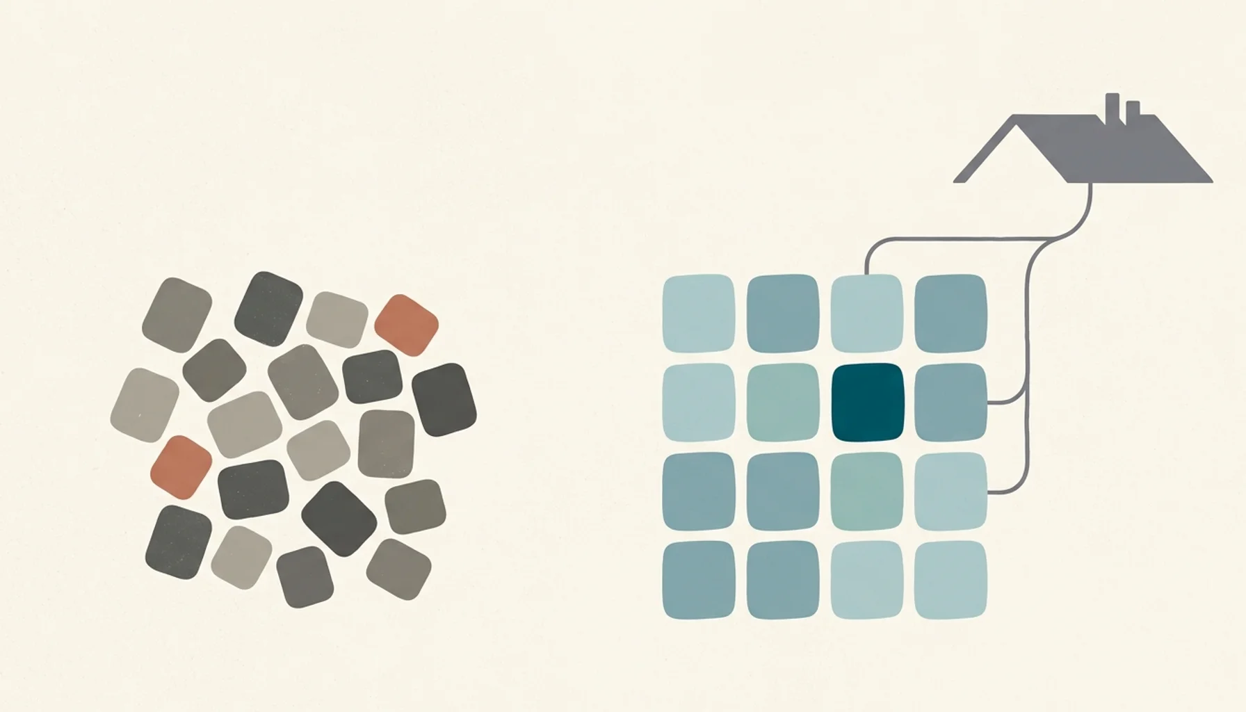 Abstract illustration comparing monitoring tiles versus an automated SEO tool's content output linked to a rental rooftop shape