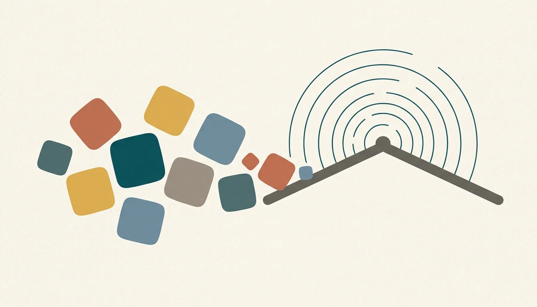 Abstract illustration of scattered content tiles and radiating search arcs symbolizing an automated SEO tool for rental properties