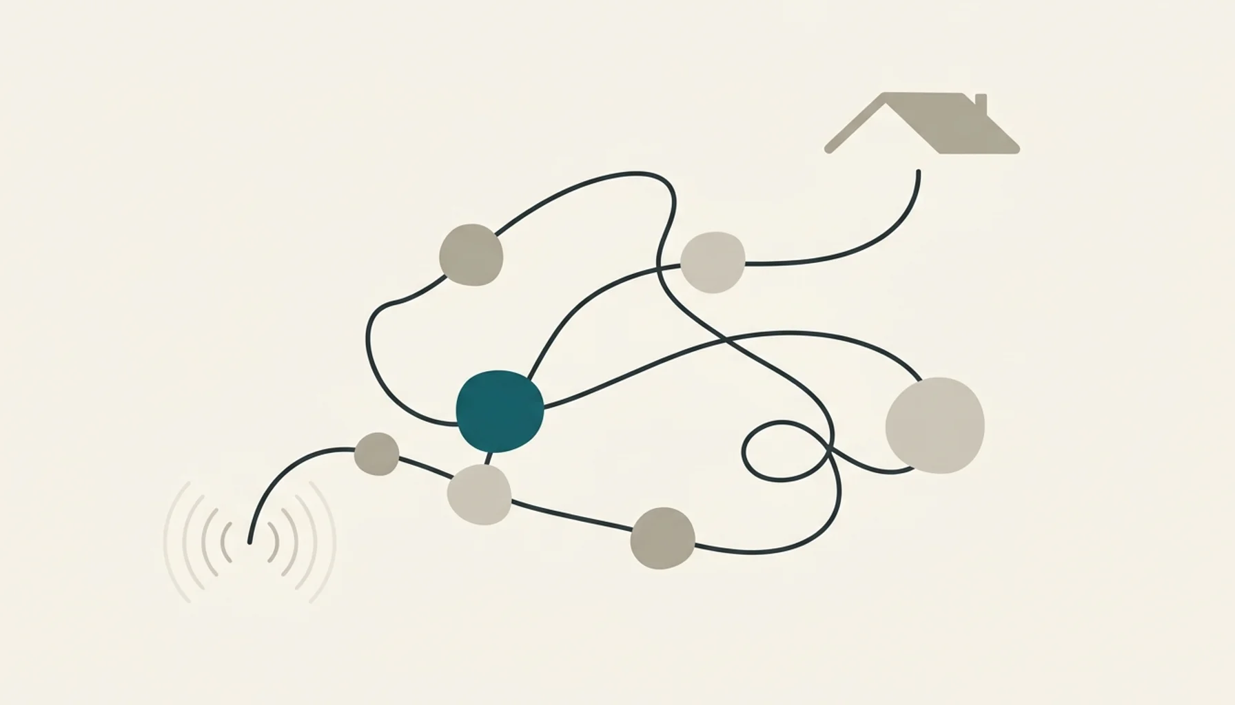 Abstract illustration of connected nodes and a rooftop shape representing backlink automation software for STR websites