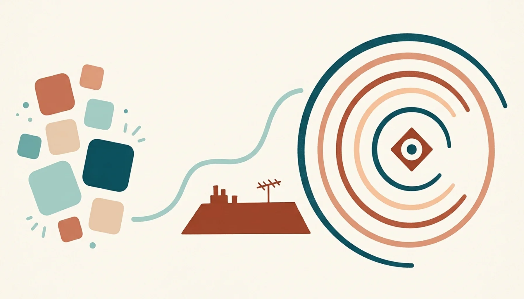 Abstract illustration of content tiles and radiating search arcs symbolizing the best AI blog writer for STR sites