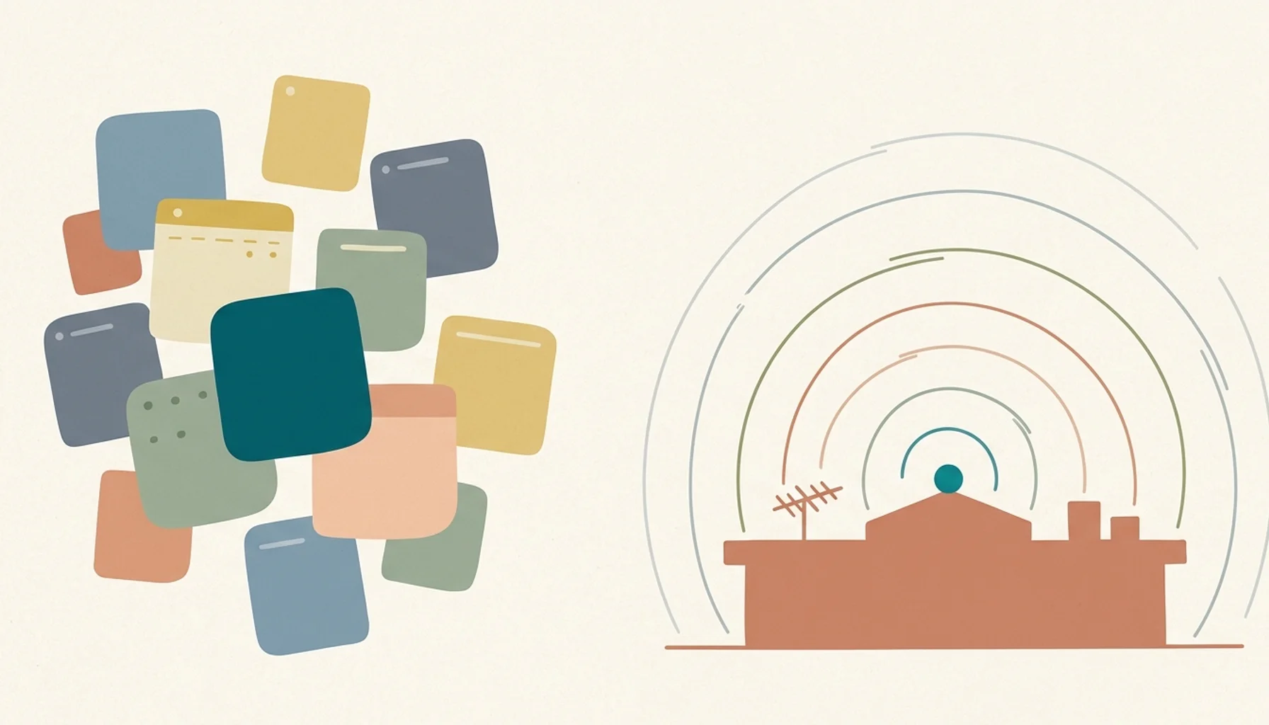 Abstract illustration of scattered content tiles and radiating arcs symbolizing the best SEO AI writer for vacation rentals