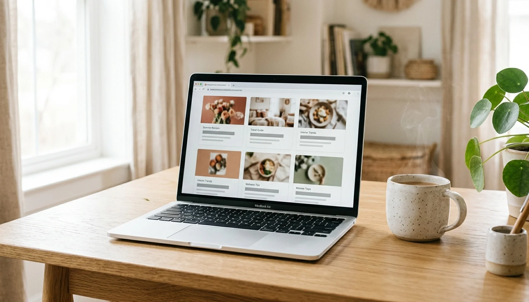 Laptop showing an abstract blog content card grid for blog content automation on a bright desk