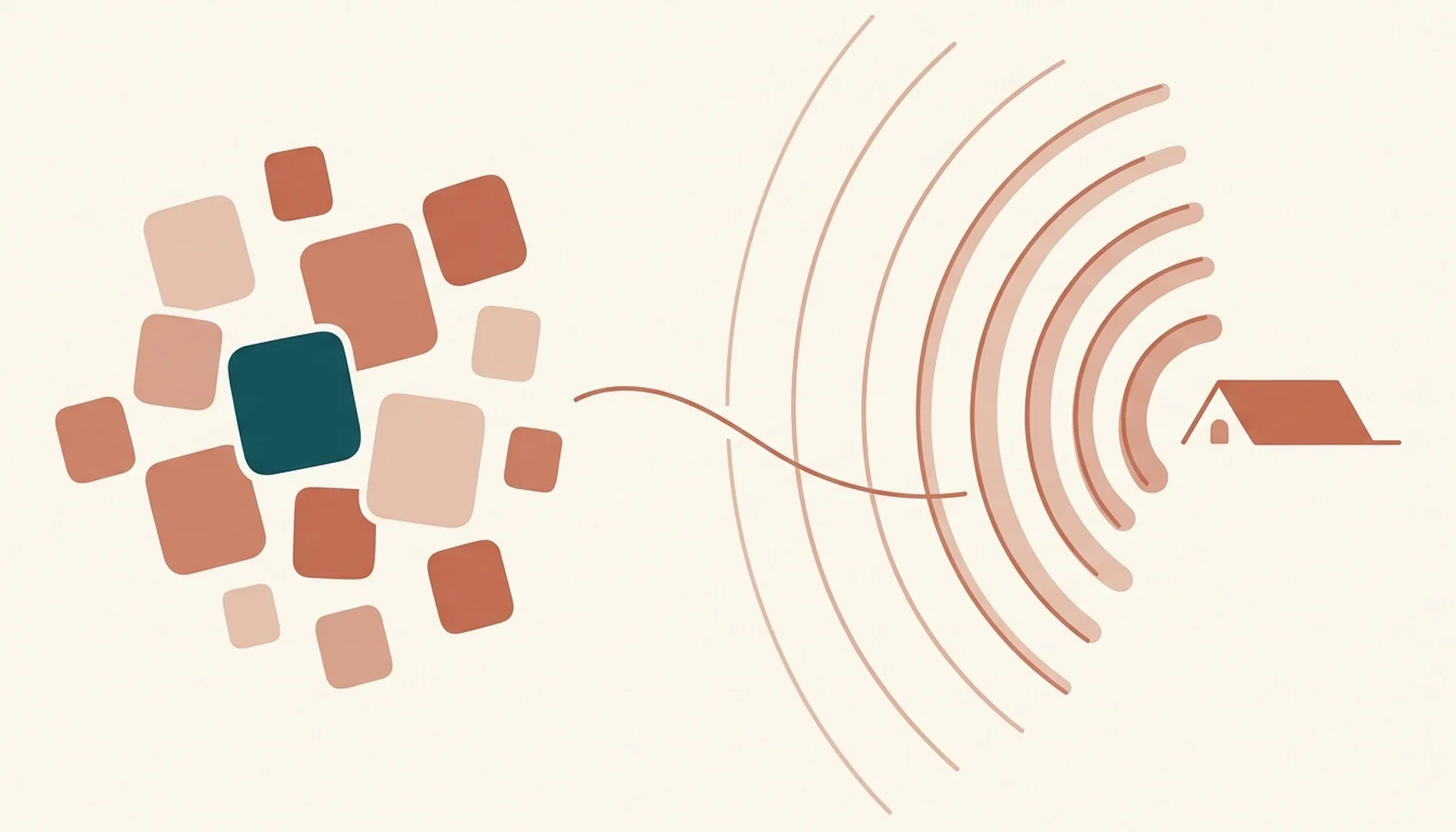 Abstract illustration of scattered content tiles connecting to radiating search arcs, symbolizing blog content generation for rentals