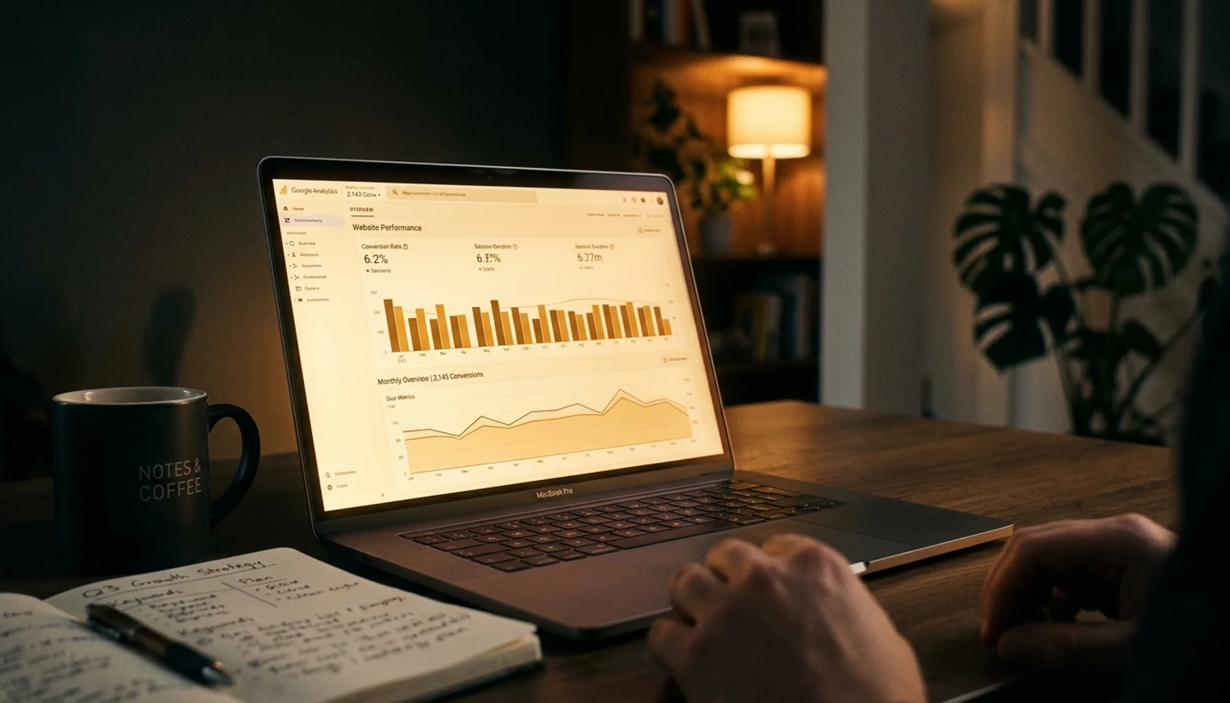Blog content conversion metrics displayed on laptop screen with cinematic golden lighting and analytics data visualization
