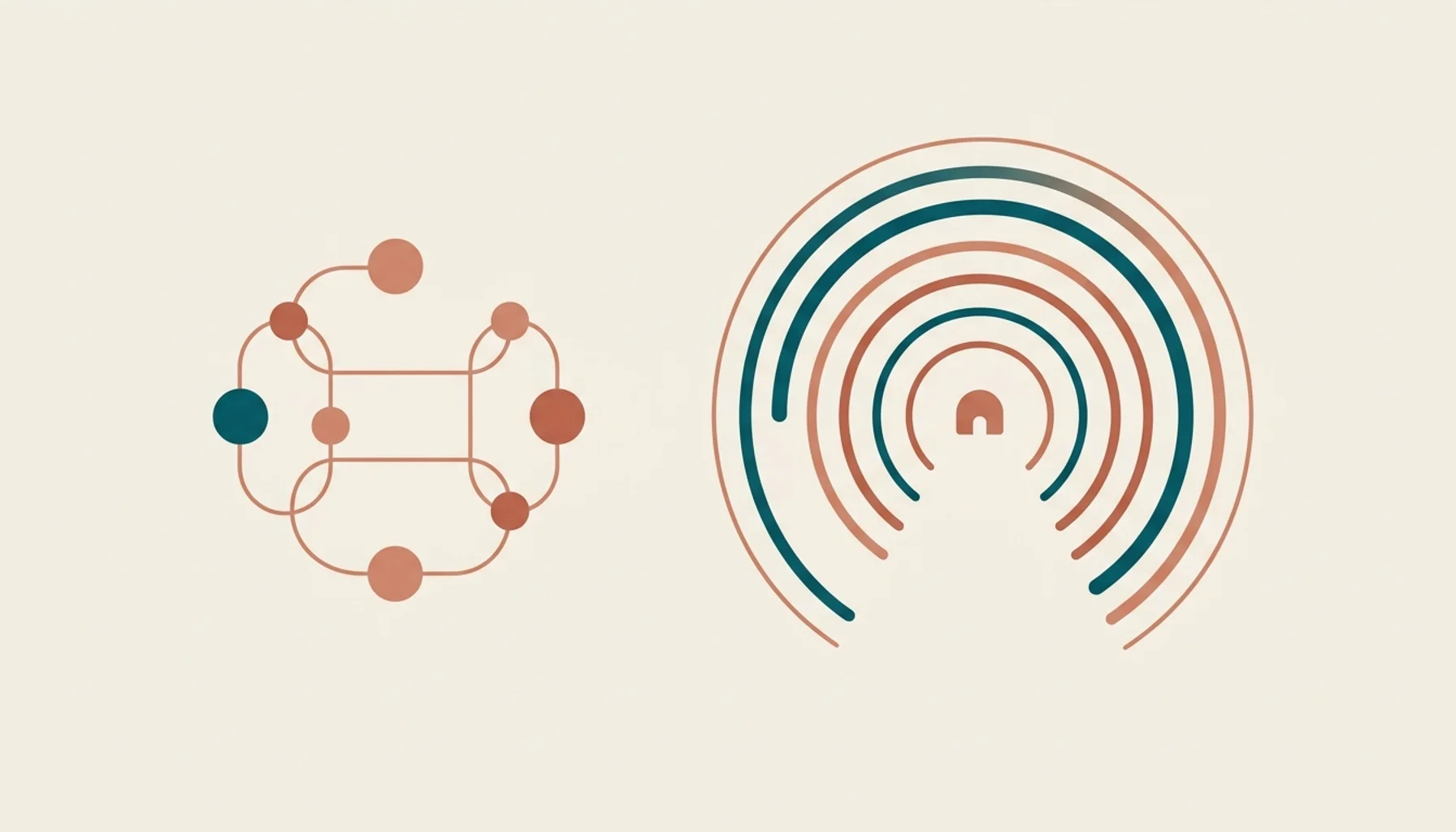 Abstract illustration contrasting an AI assistant process cluster with radiating search arcs, symbolizing a chatgpt seo tool for rental sites