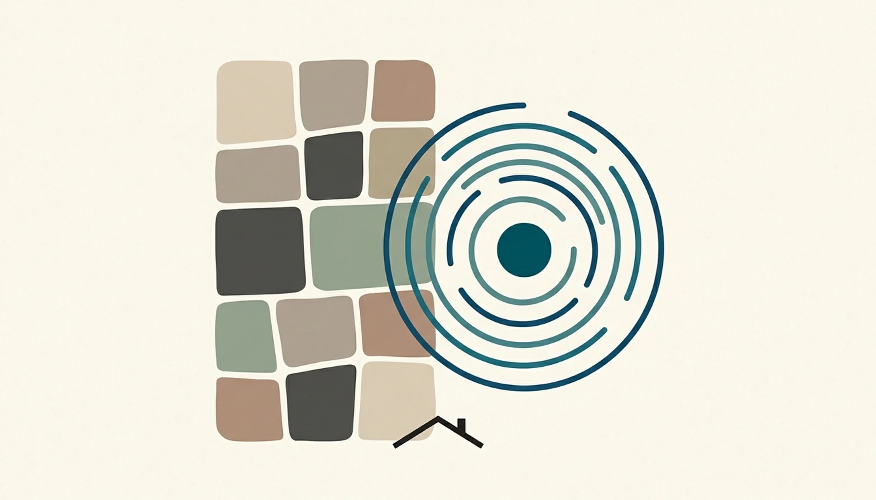 Abstract illustration showing radiating arcs beside content tiles, symbolizing generative engine optimization for short-term rentals