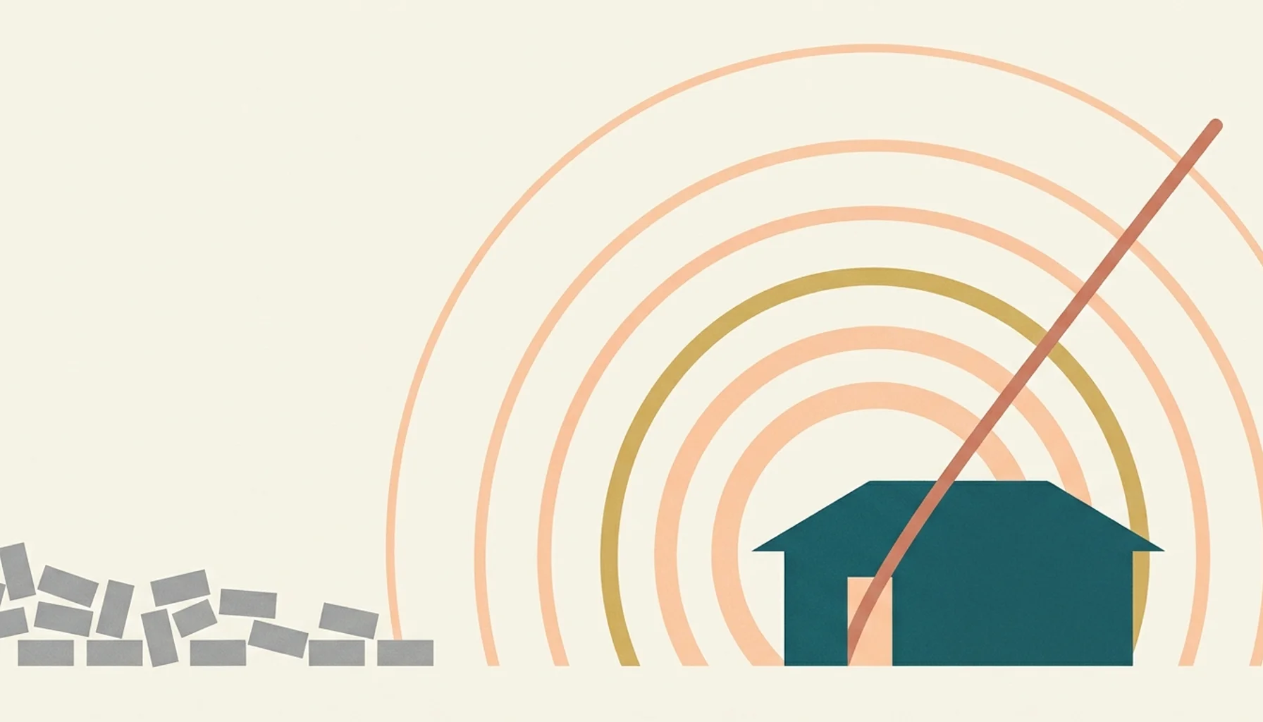 Abstract illustration of a house silhouette with radiating arcs and a rising line, symbolizing how to get more direct bookings