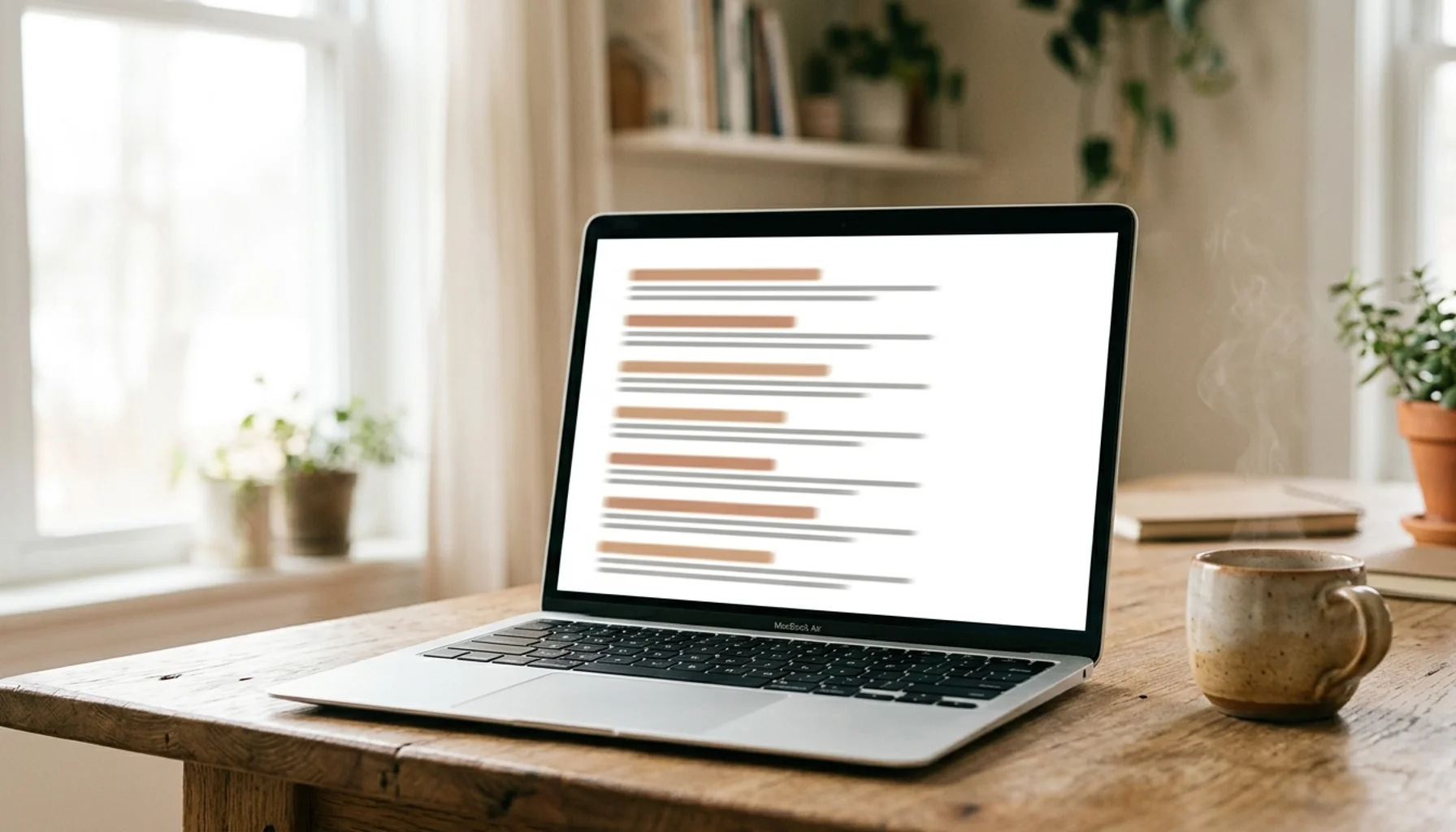 Laptop screen showing abstract search-result rows, illustrating how to rank on AI search engines for STR blogs
