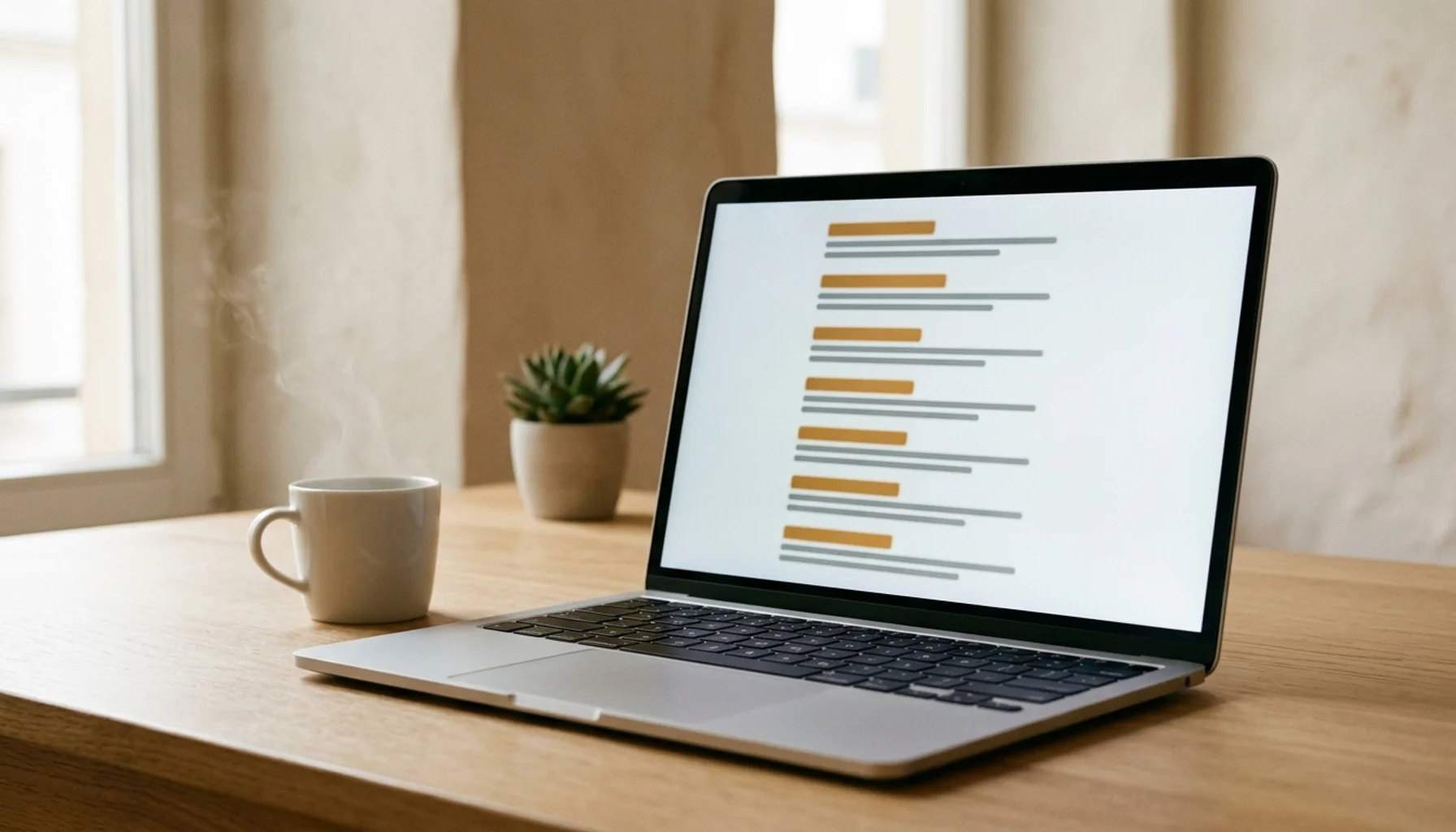 Laptop on oak desk with abstract search results layout on screen — how to rank vacation rental website on Google
