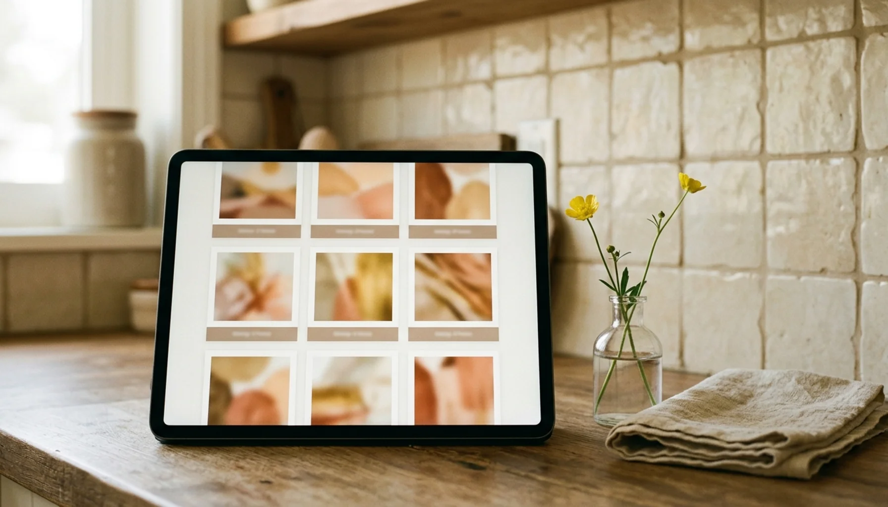 Tablet with abstract listing photo grid layout beside a fresh flower, illustrating how to write a vacation rental listing description