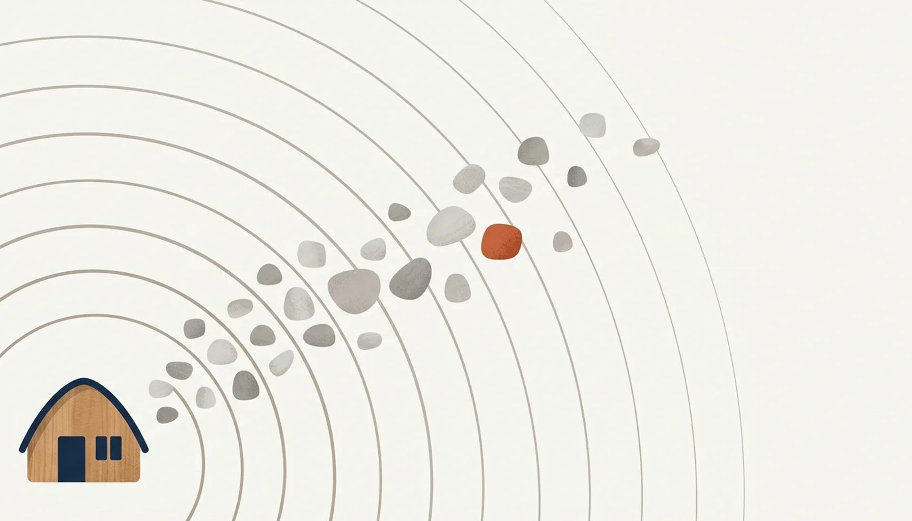 Abstract illustration of radiating arcs and scattered tiles symbolizing DIY search engine optimization for vacation rentals