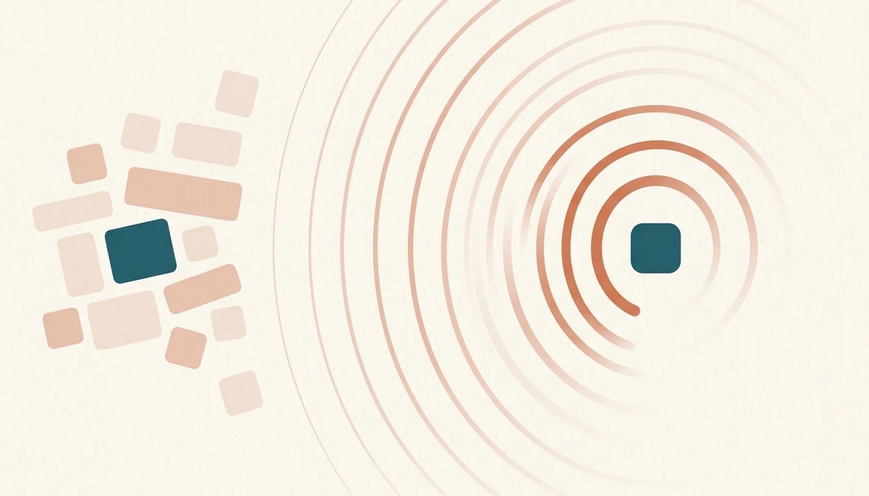 Abstract illustration of radiating arcs and content tiles symbolizing an SEO blog site for short-term rental hosts