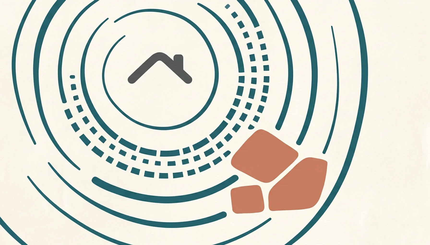 Abstract illustration of ripples radiating from a rooftop shape, symbolizing SEO bloggers guiding short-term rental visibility