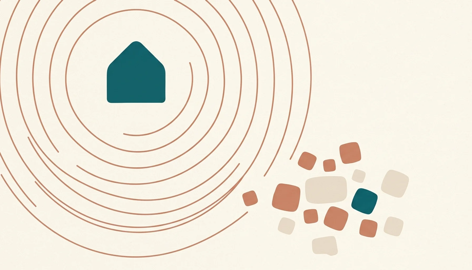Abstract illustration of a rental property shape radiating search ripples, symbolizing SEO do-it-yourself for STR operators