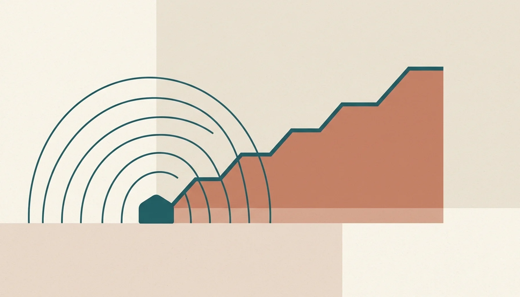 Abstract illustration of a rental property silhouette with radiating search arcs and a rising line symbolizing SEO ROI growth