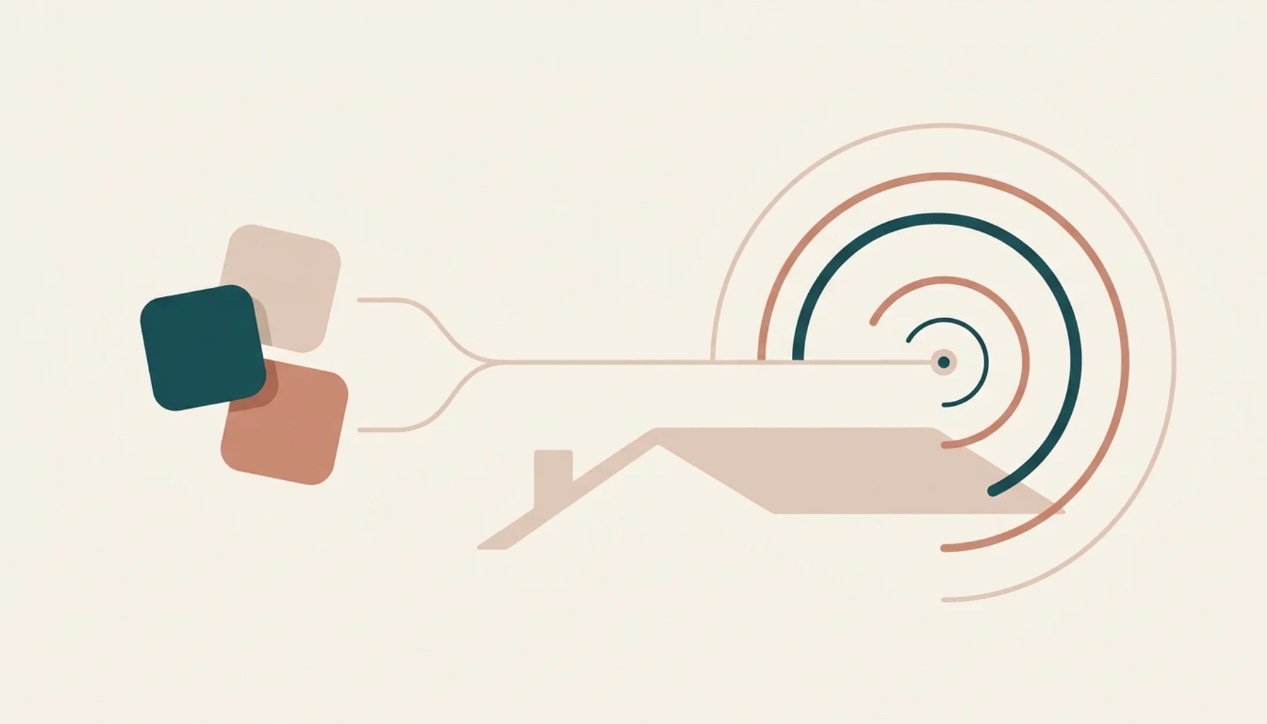 Abstract illustration of content tiles connecting to radiating search arcs, symbolizing how SEO writer AI automates STR content and visibility