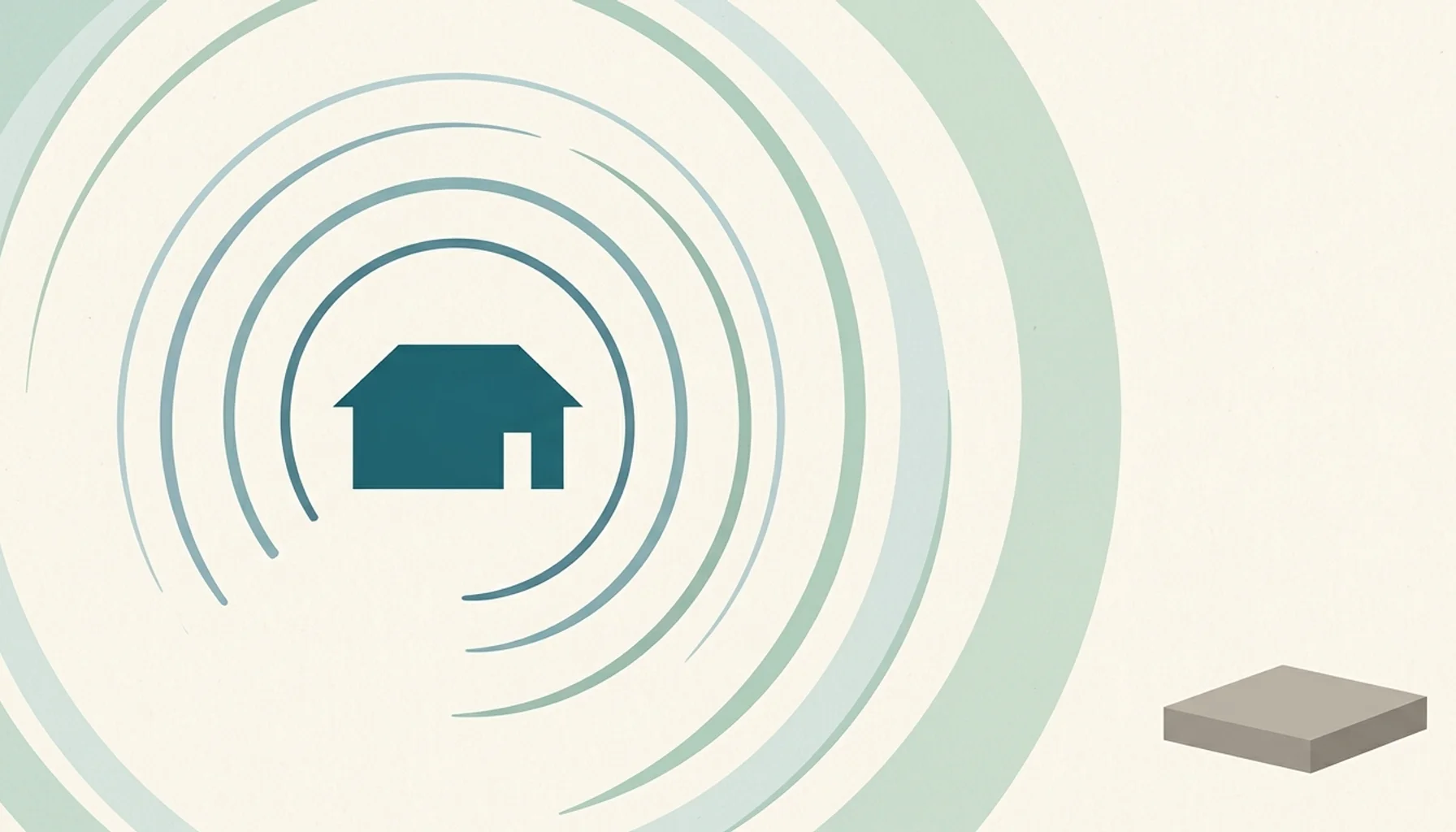 Abstract vacation rental blog illustration: teal house shape radiating search arcs beside a smaller muted platform block