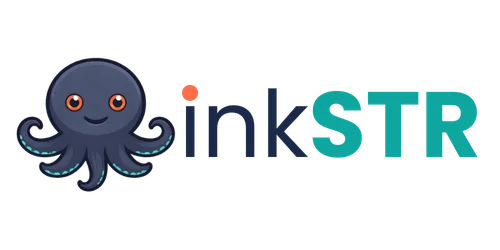 inkSTR cartoon octopus logo in dark blue with tentacles and navy teal text brand identity