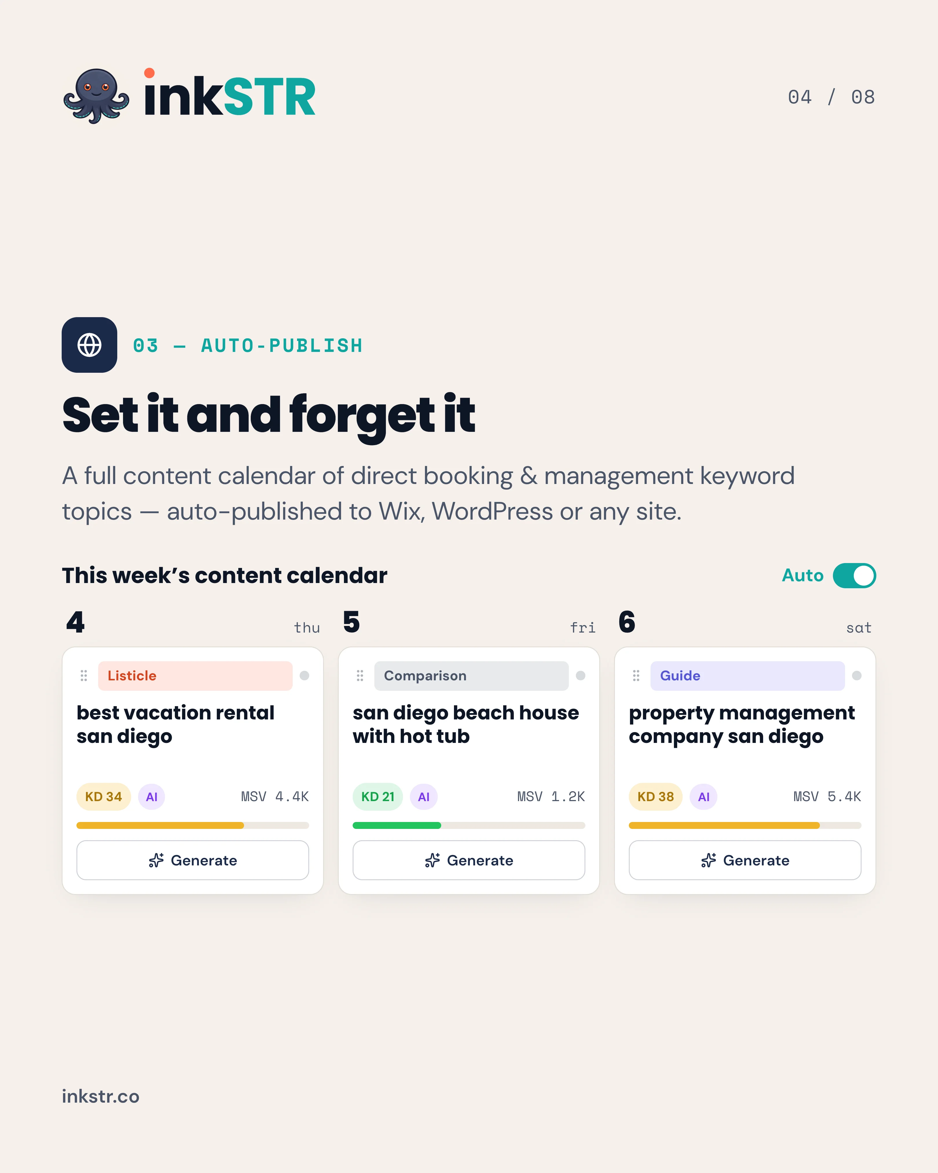 InkSTR content calendar working alongside a WP SEO plugin to publish vacation rental blog posts