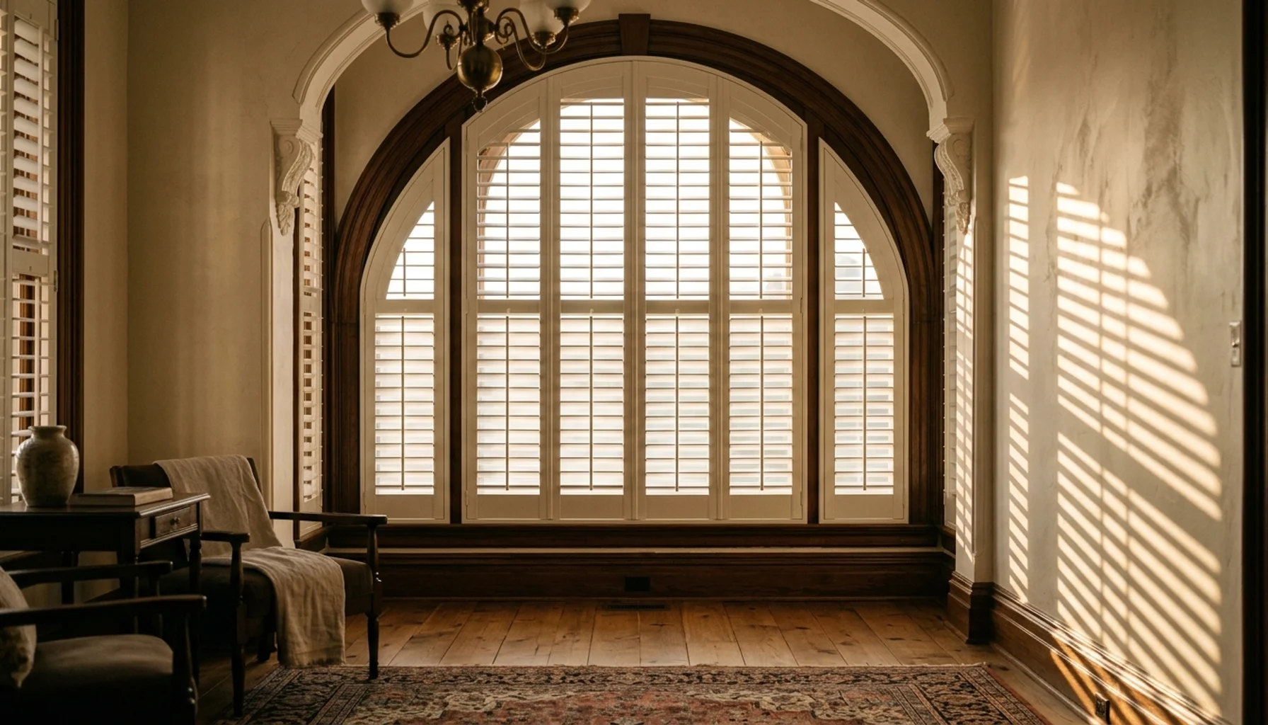 Custom arched plantation shutters with architectural details filtering golden sunlight through an elegant interior window