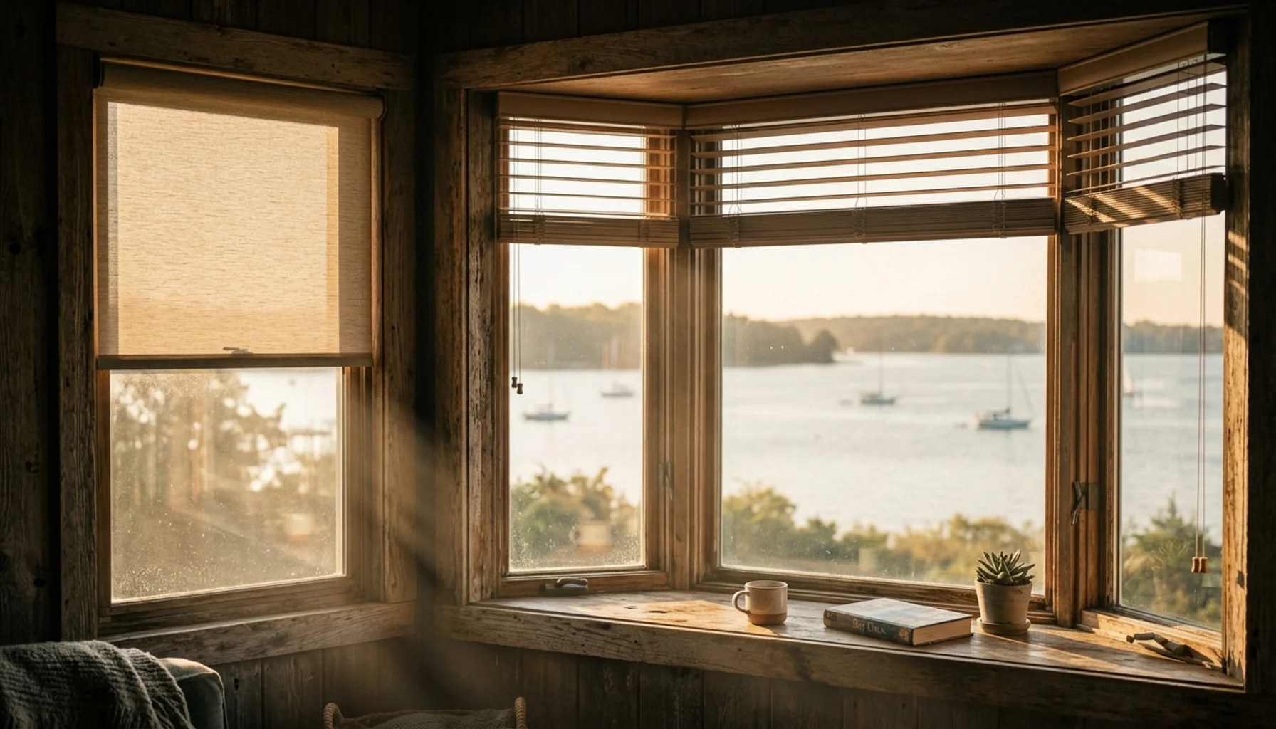 Professional window treatments installation with motorized shades on coastal Kent Island home with bay view