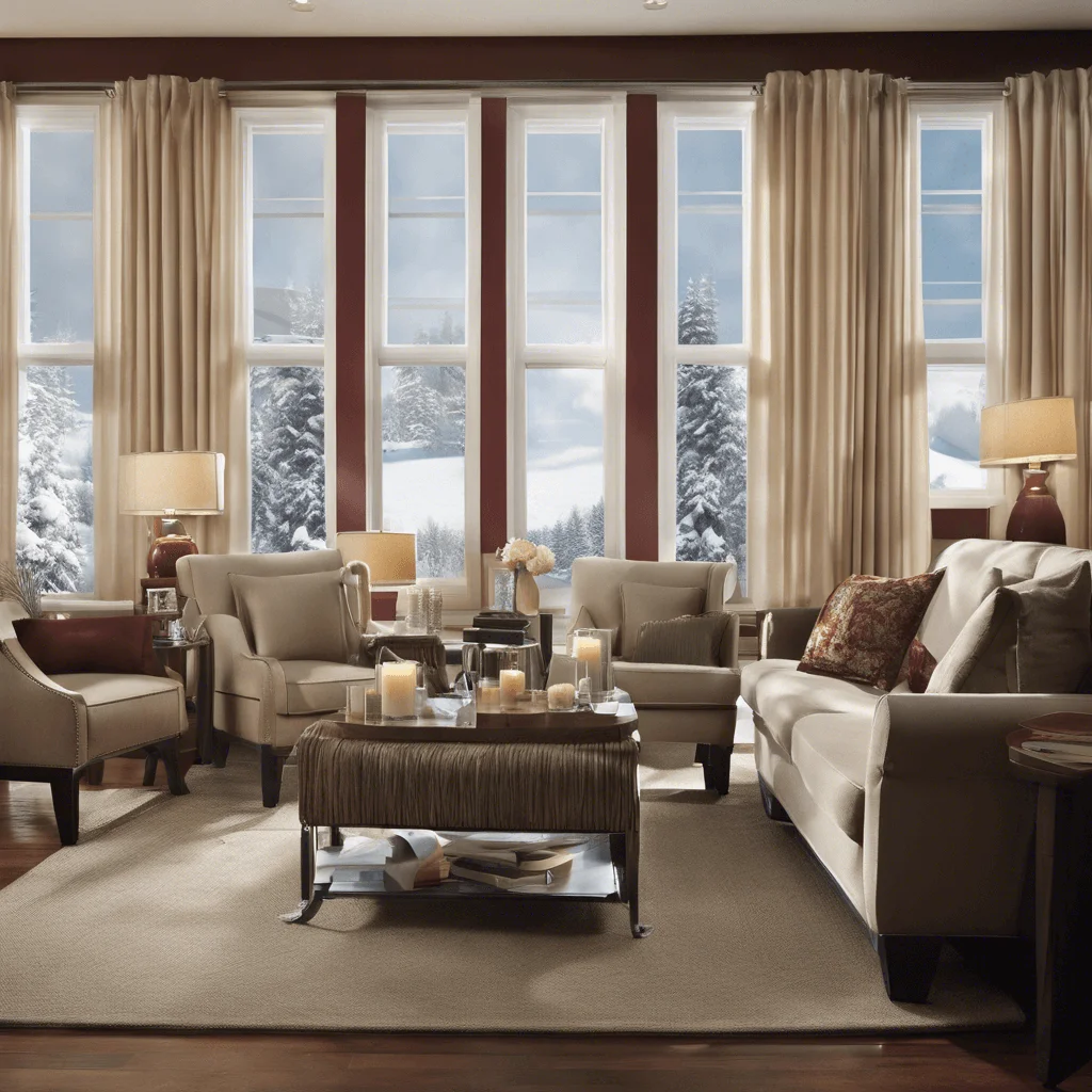 Luxurious living room with floor-to-ceiling windows showcasing mountain views, featuring easy-to-maintain shutters and