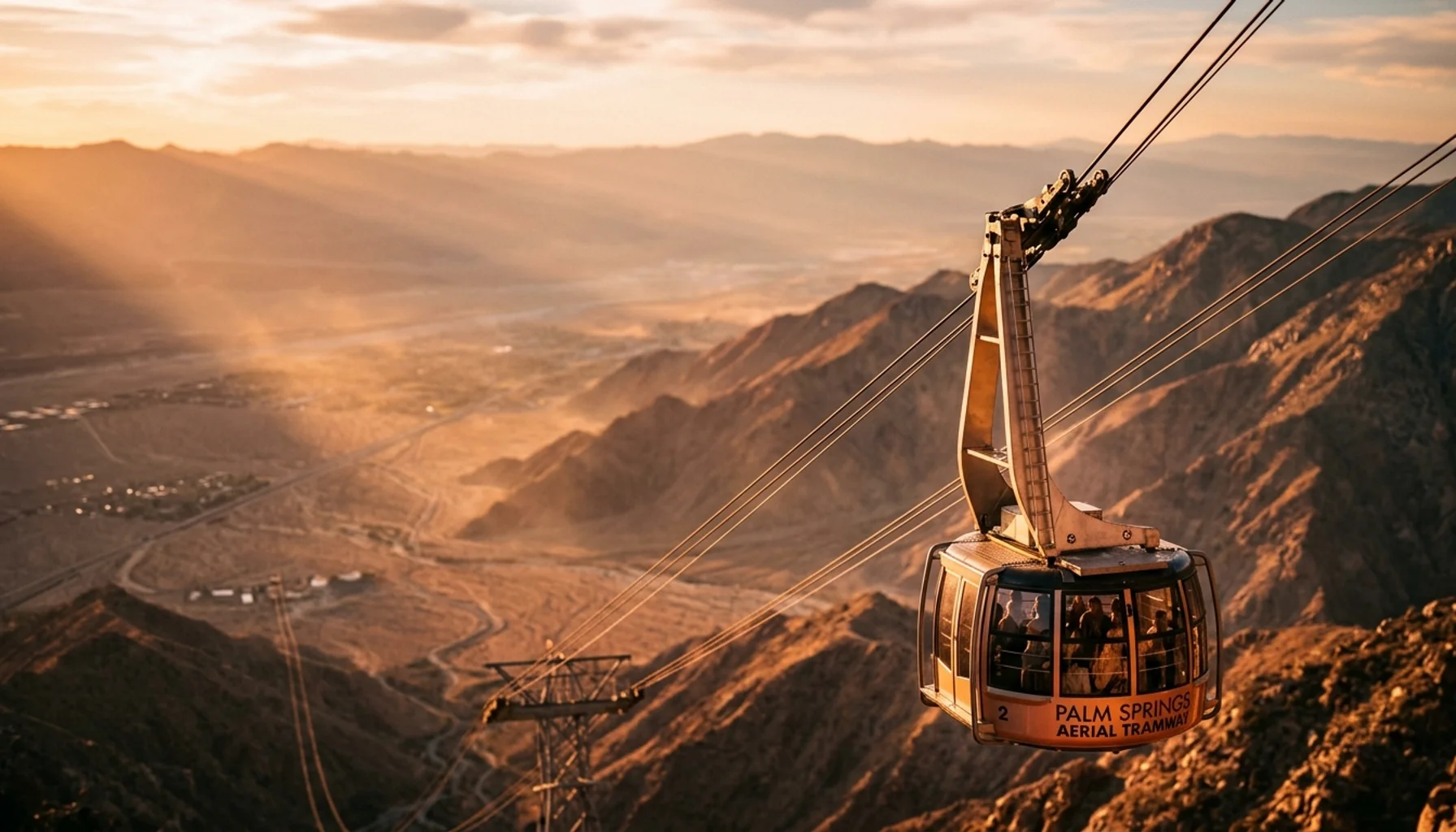 Aerial tramway cabin suspended on mountain with golden hour lighting, representing Palm Springs aerial tramway prices and tickets