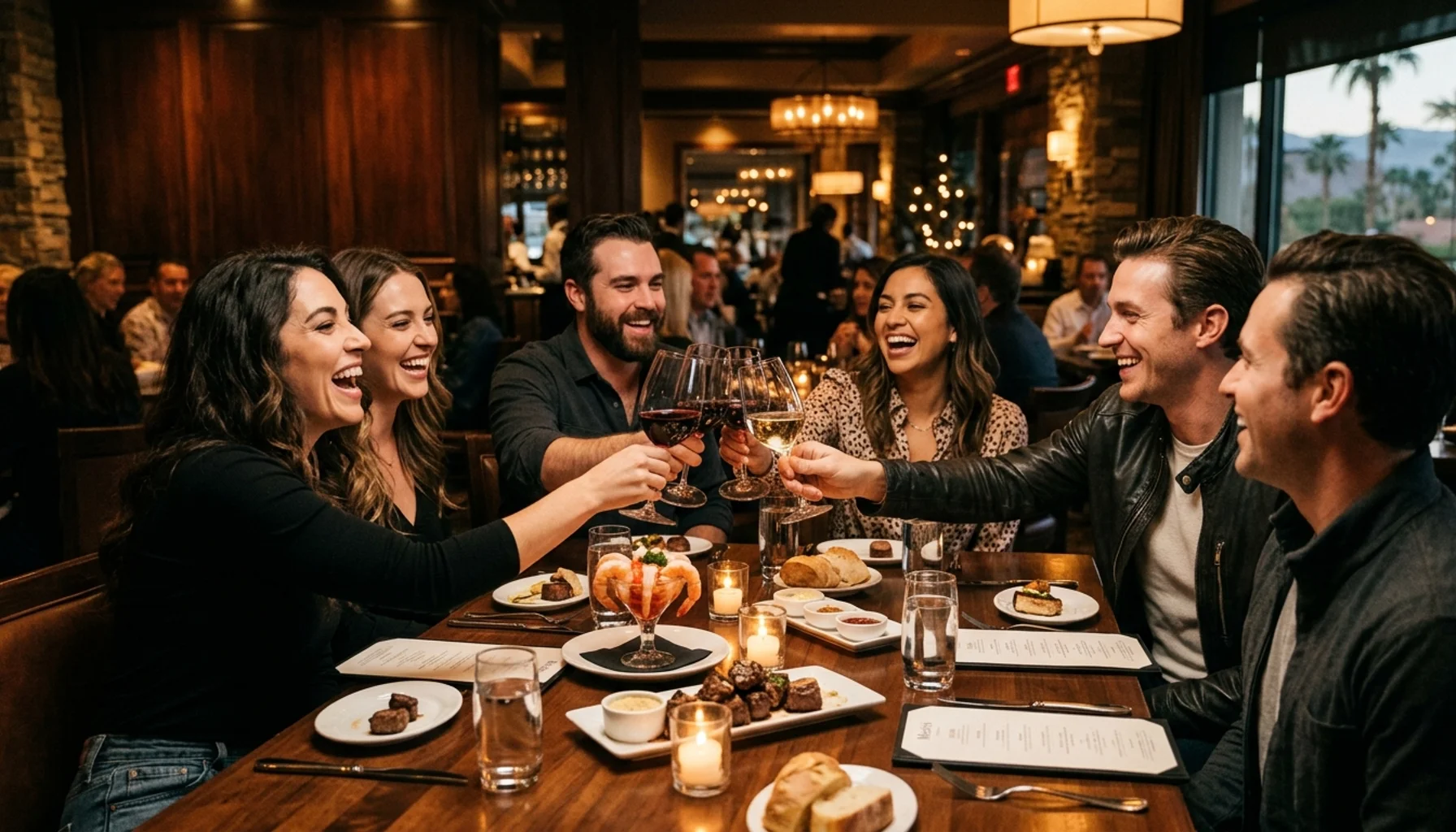 Friends dining at best restaurant Palm Desert CA, enjoying fine dining with warm lighting and elegant ambiance