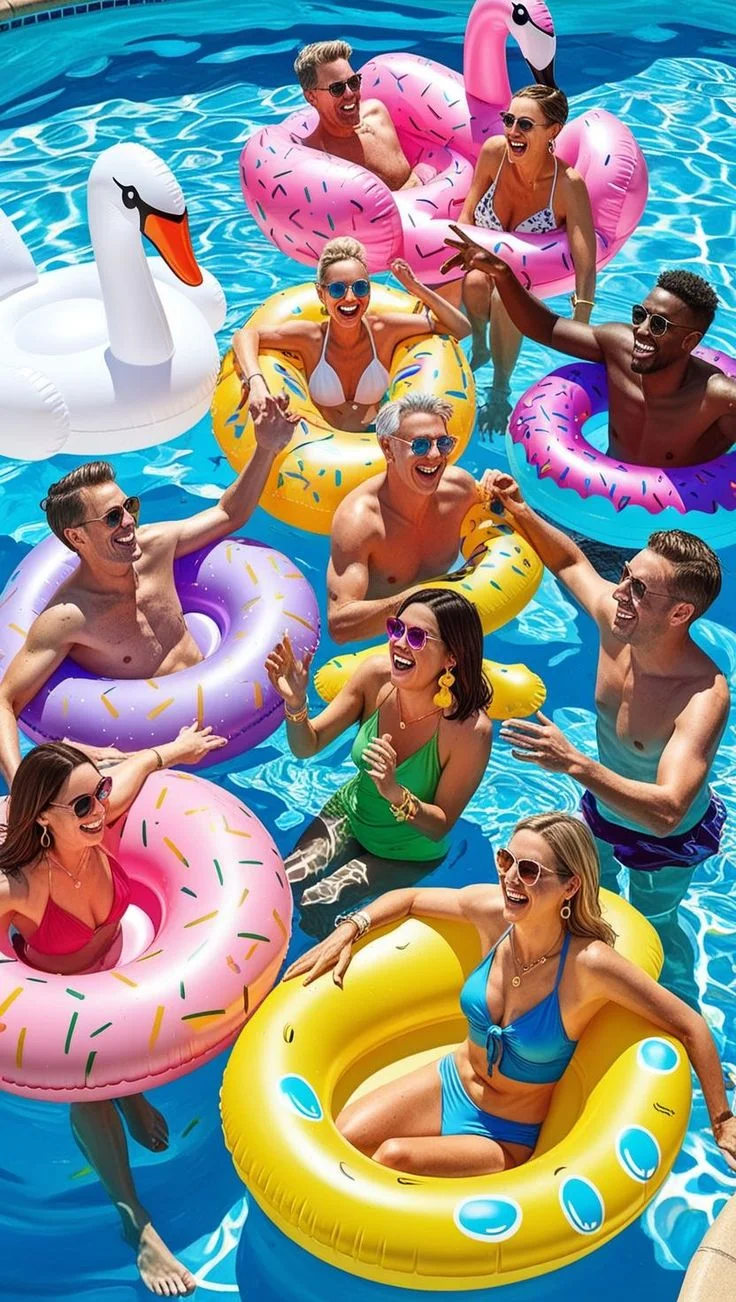 Group of guests enjoying colorful pool floats and swimming in a resort pool during Palm Springs girls trip