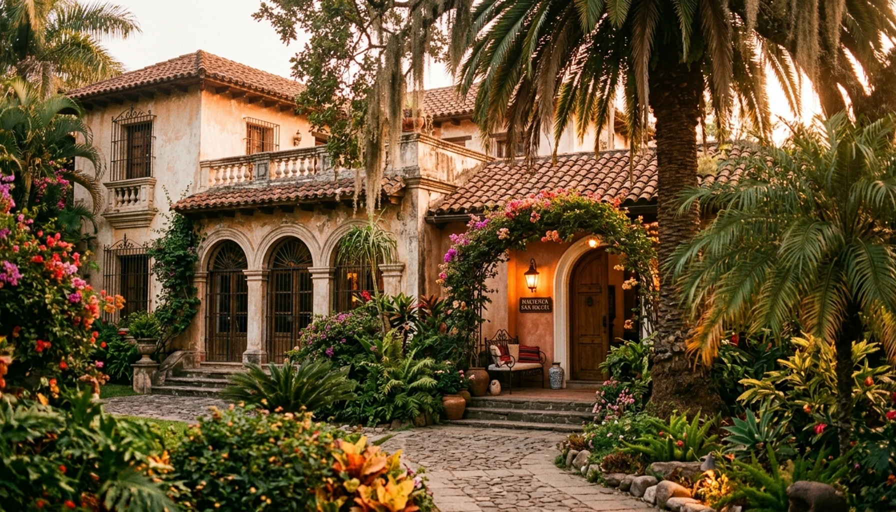 Historic Spanish colonial style home for rent in St Augustine Florida with tropical landscaping and charming architecture