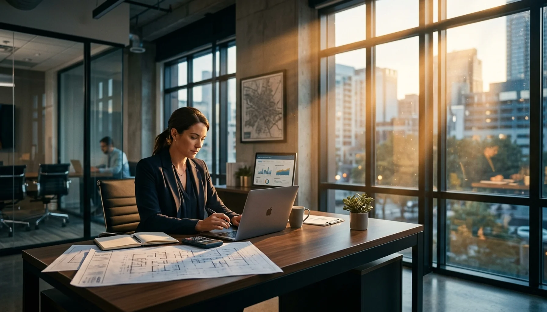 Property manager workspace with rental analytics and blueprints representing property manager vs landlord income strategies