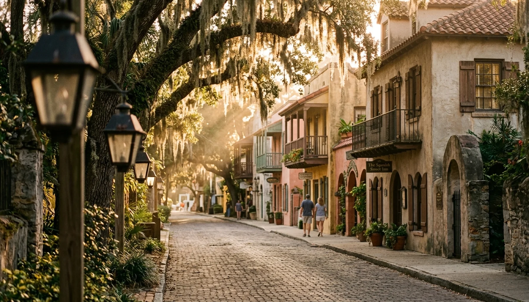 Historic Spanish colonial street in St. Augustine FL with golden hour lighting and tree-lined architecture