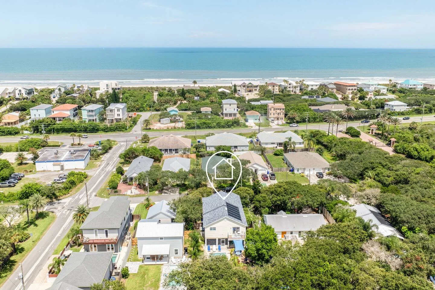Aerial view of colorful beachfront vacation homes with ocean view in St Augustine