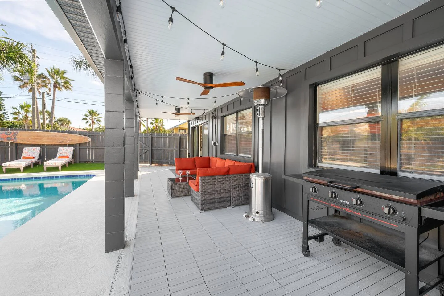 Covered patio with outdoor kitchen and pool view in St Augustine FL property management showcase
