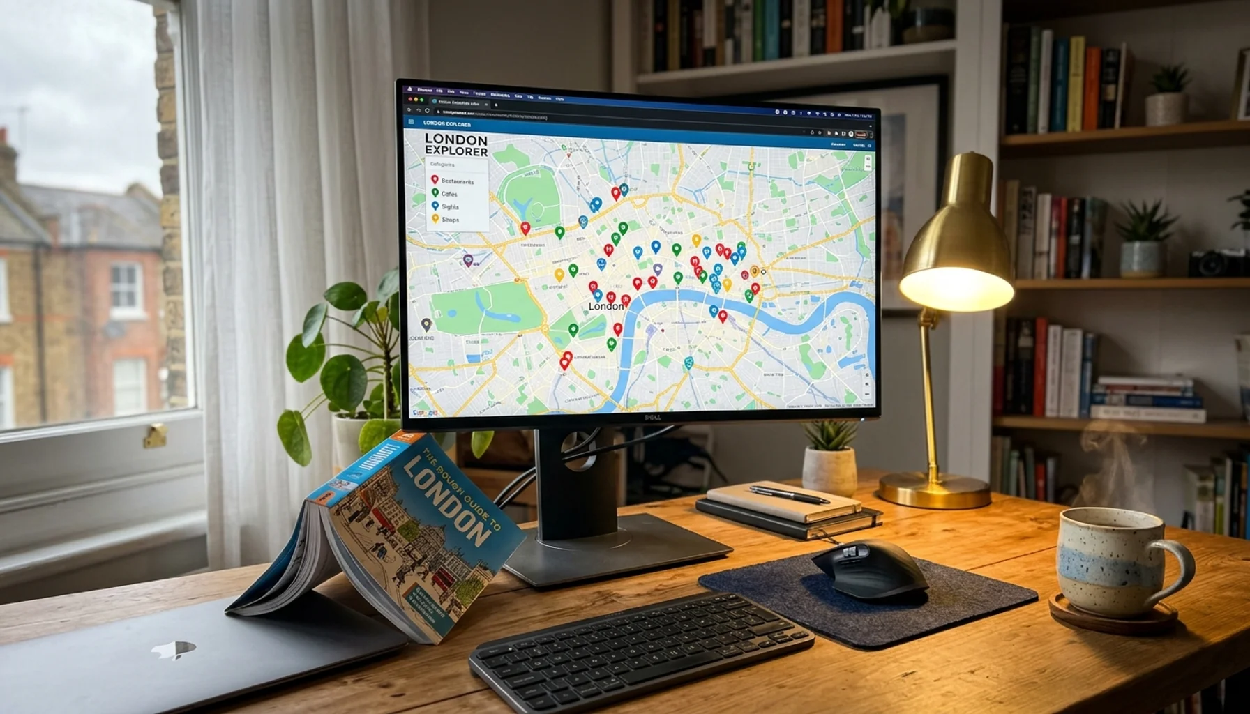 Home office monitor showing a short term rental directory map with vendor pins organized by city and service category
