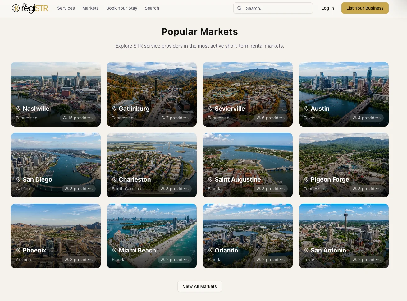 Grid of 12 popular US STR markets showing provider counts for cities using str apps and vetted services