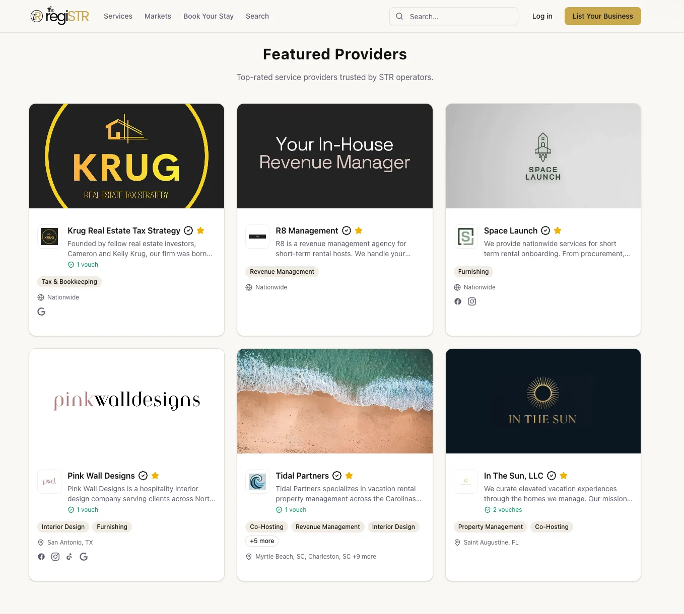 STR service provider featured listings webpage displaying property management companies on regiSTR platform