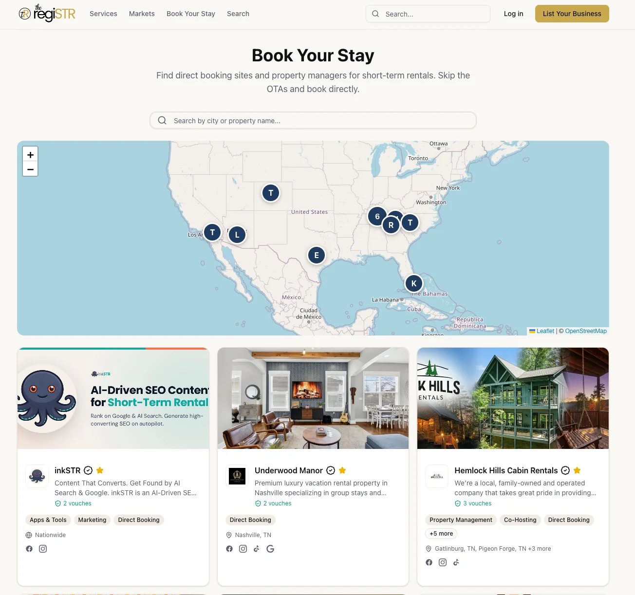 regiSTR booking platform interface showing US property map and short-term rental listing cards for STR vendor management
