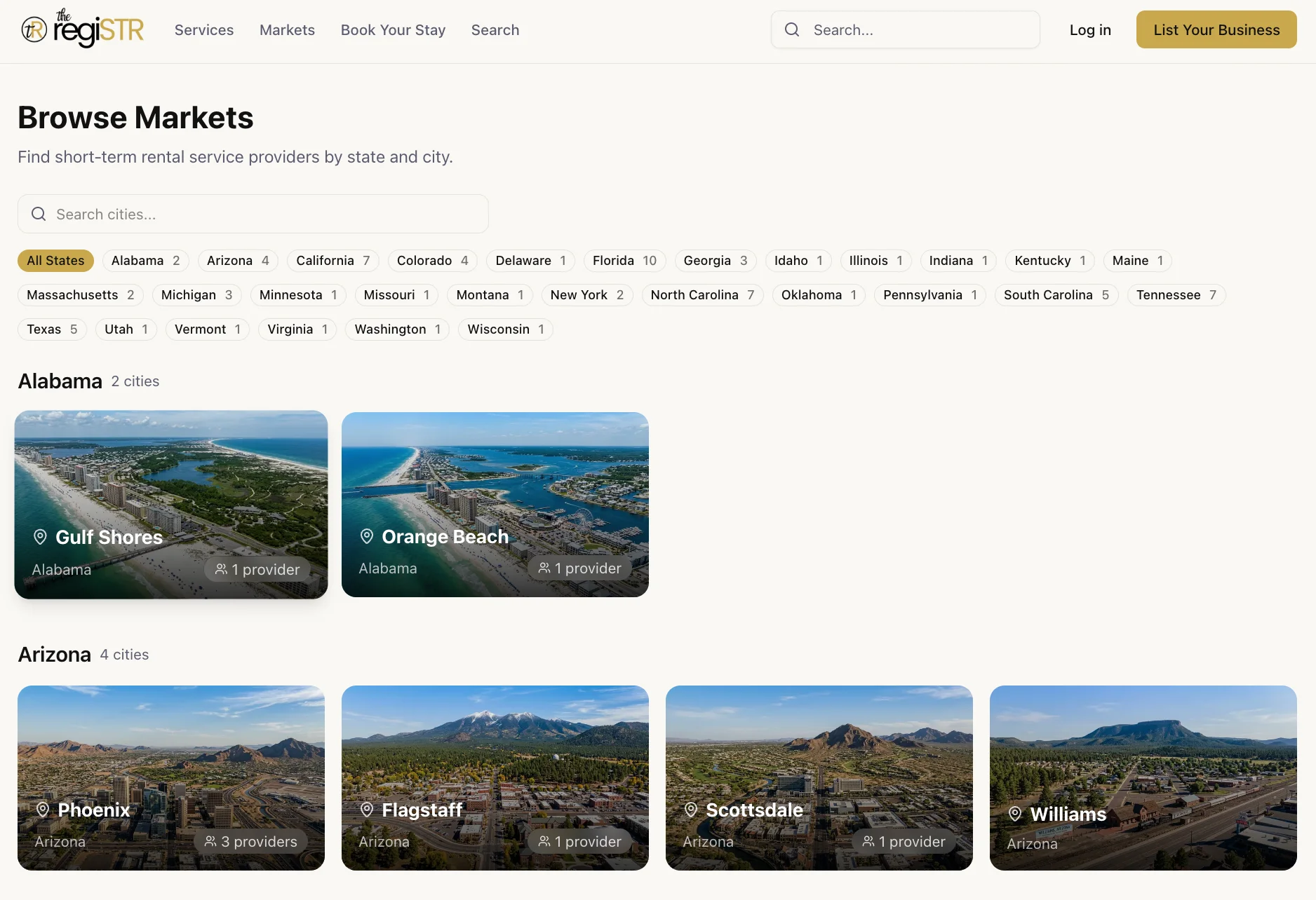 STR marketplace browse markets page showing US cities and aerial destination photos for short-term rental providers