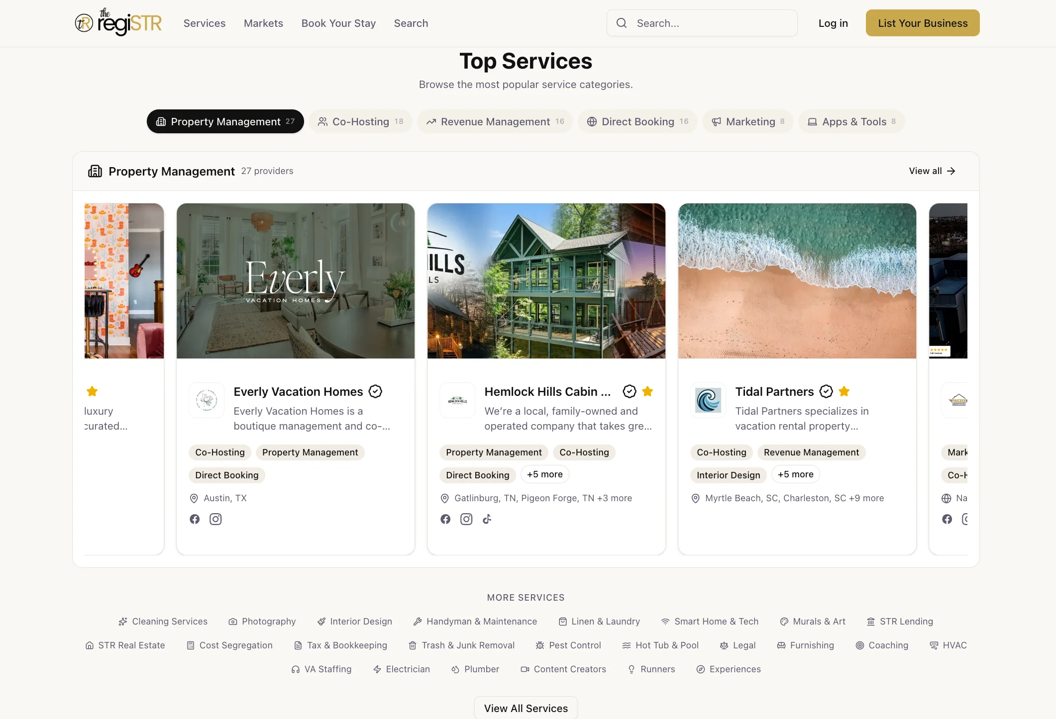 Property management website showing vacation rental listings optimized by regiSTR for better presentation