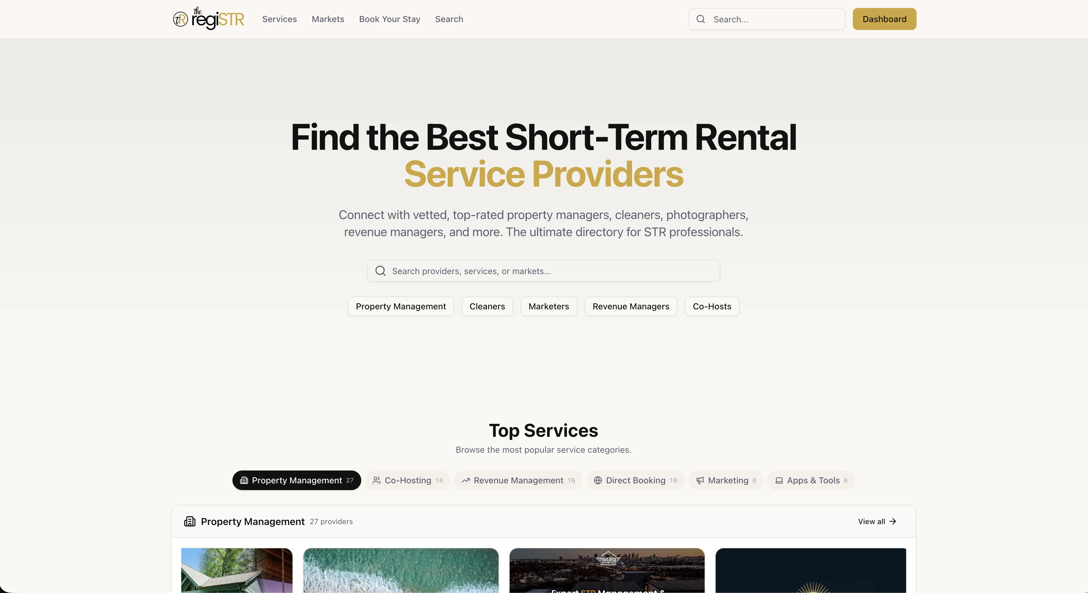 regiSTR short-term rental service provider directory homepage showing STR directory categories and vetted provider search