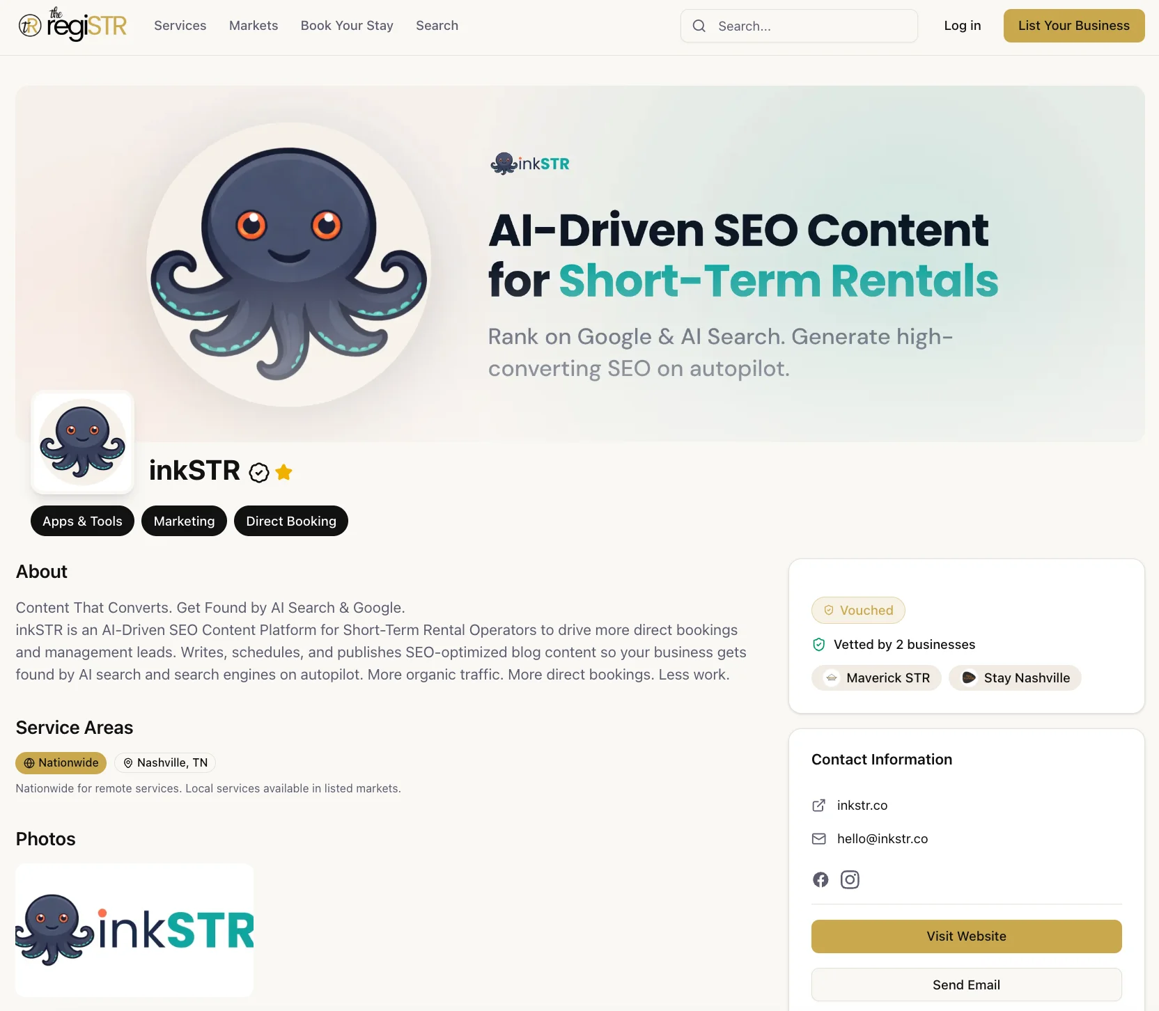 inkSTR SEO service provider profile platform dashboard for short-term rental marketing