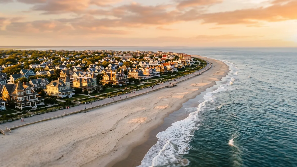Aerial view of Cape May Atlantic Ocean shoreline at golden hour with Victorian rooftops, things to do in Cape May