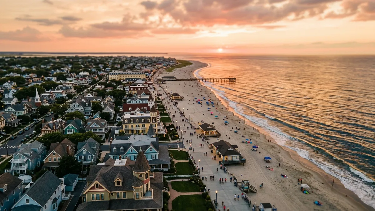 Cape May where to stay aerial view of Victorian rooftops and Atlantic shoreline at golden hour