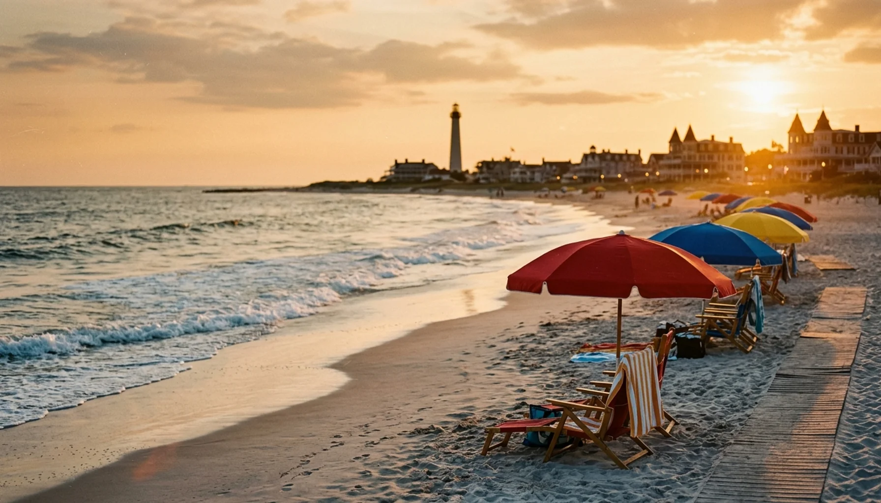 Cape May beach with umbrellas and chairs at golden hour, perfect family beach guide destination