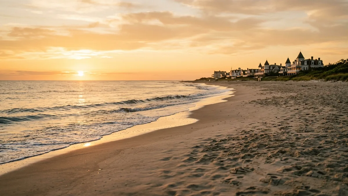 Pet-friendly vacation Cape May beach in late September morning light, empty shoreline ideal for dogs